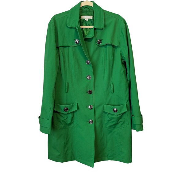 New York & Company Womens Green Button-Up Trench Coat XL Cotton Blend Long Sleev - Picture 1 of 7